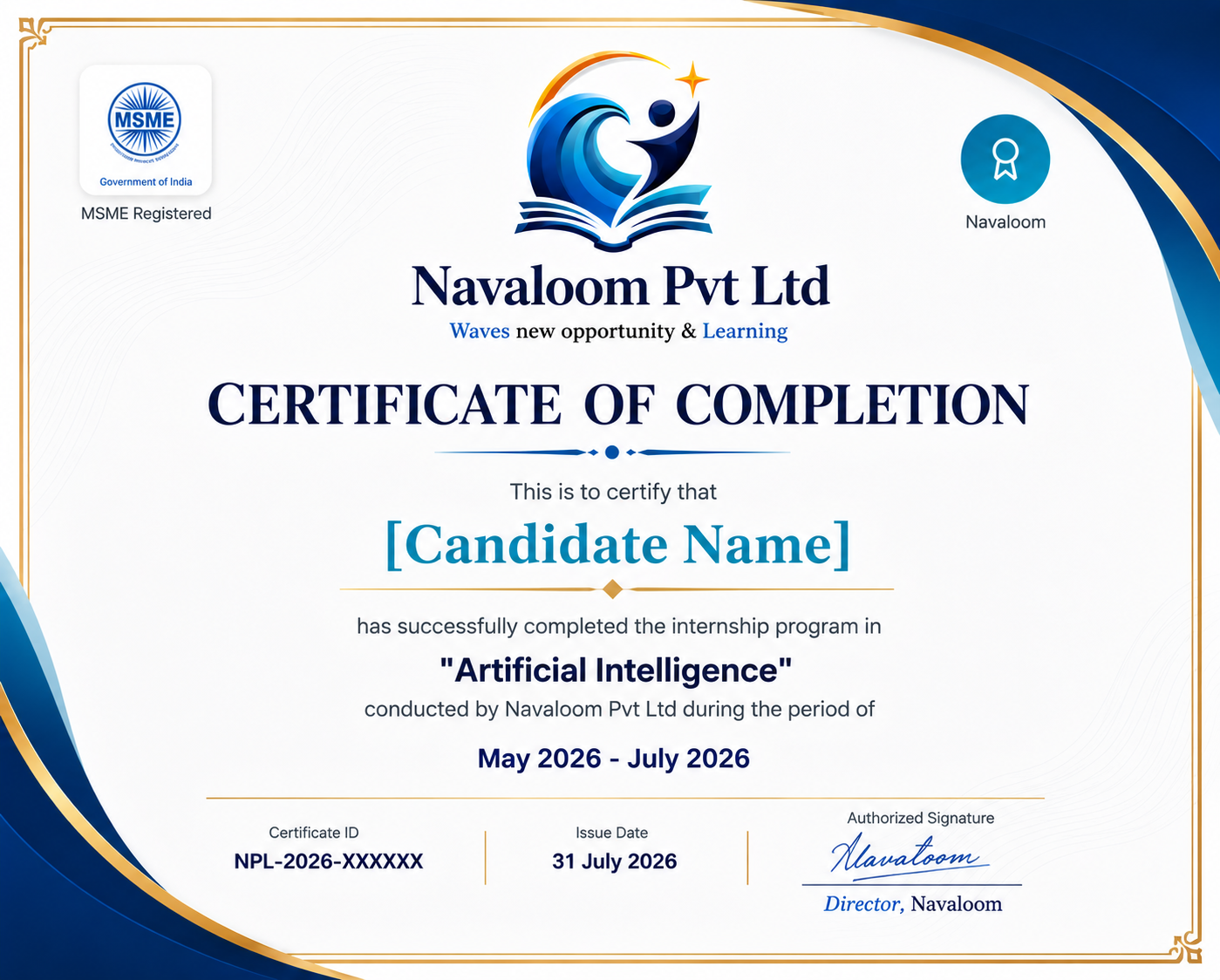 Navaloom government-recognized certificate of completion